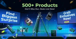 Promotional graphic showing photography equipment like cameras, tripods, and lights. Text reads "500+ Products, Don’t Miss Out, Deals Live Now!" with banners saying "Find Biggest Surprise" and "Grab Exclusives Now!.