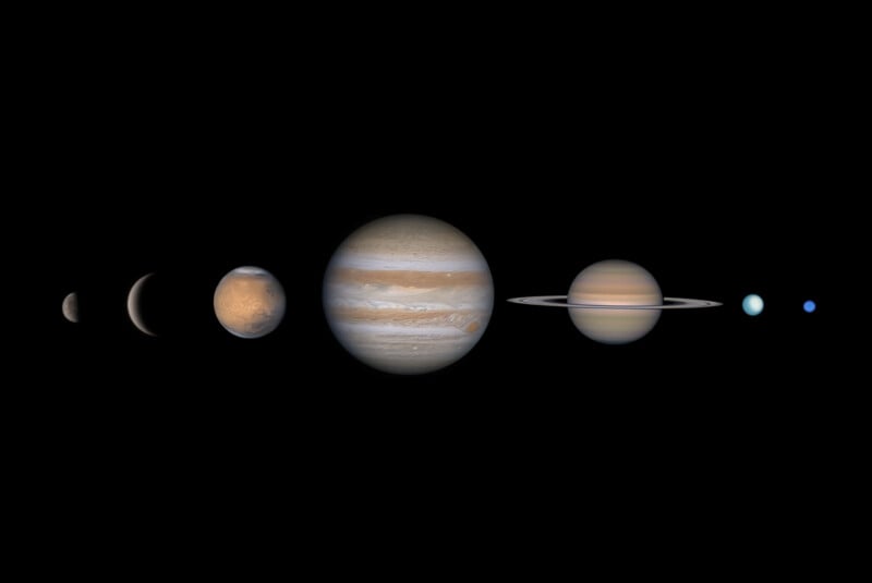 A lineup of the eight planets in the solar system, shown in order and to scale, against a black background: Mercury, Venus, Earth, Mars, Jupiter, Saturn, Uranus, and Neptune.