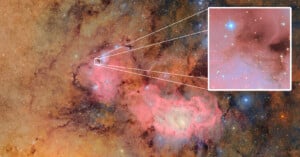 A deep-space image showing colorful nebulae with bright stars. A zoomed-in inset highlights a blue star surrounded by pink clouds and glowing gases within the nebula. Fine cosmic details are visible throughout.