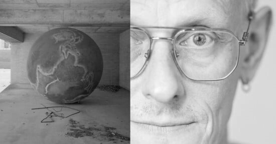 A black and white split image: on the left, a large spherical object with a map-like pattern sits under a concrete structure; on the right, a close-up of a person's face wearing glasses and an earring.