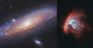 A bright spiral galaxy with a glowing core is shown on the left, surrounded by stars and smaller galaxies. On the right, a colorful nebula displays red, white, and dark clouds in a star-filled black sky.