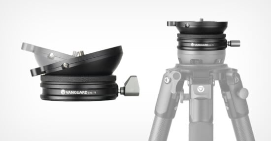 Image showing a Vanguard tripod leveling head. On the left, the leveling head is displayed at an angle to demonstrate its tilt capability. On the right, the leveling head is attached to a tripod, showing its integration with the tripod system.
