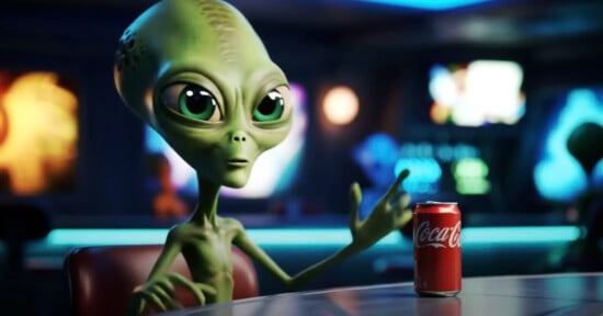 A green alien with big eyes sits in a dimly lit room, gesturing towards a red Coca-Cola can on a table. The background is blurred with colorful lights, suggesting a space-themed setting.