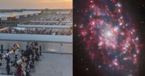 Left: Rows of telescopes set up outdoors at sunset. Right: Colorful image of a galaxy, showing bright clusters of stars and cosmic dust against a dark background.