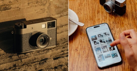 Side-by-side images: on the left, a vintage-style camera on a stone surface; on the right, a hand uses a smartphone to browse a photo gallery, with a camera and coffee cup nearby.