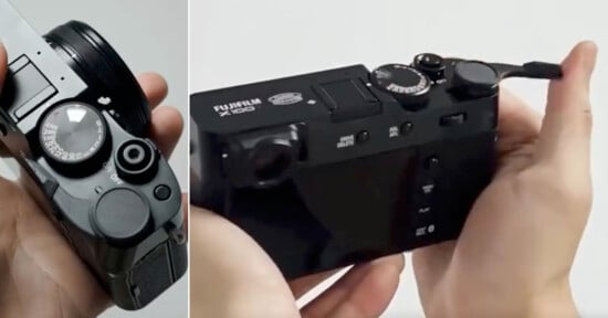 Two close-up views of hands holding a Fujifilm X100 camera, showing its dials and controls from different angles against a plain background.