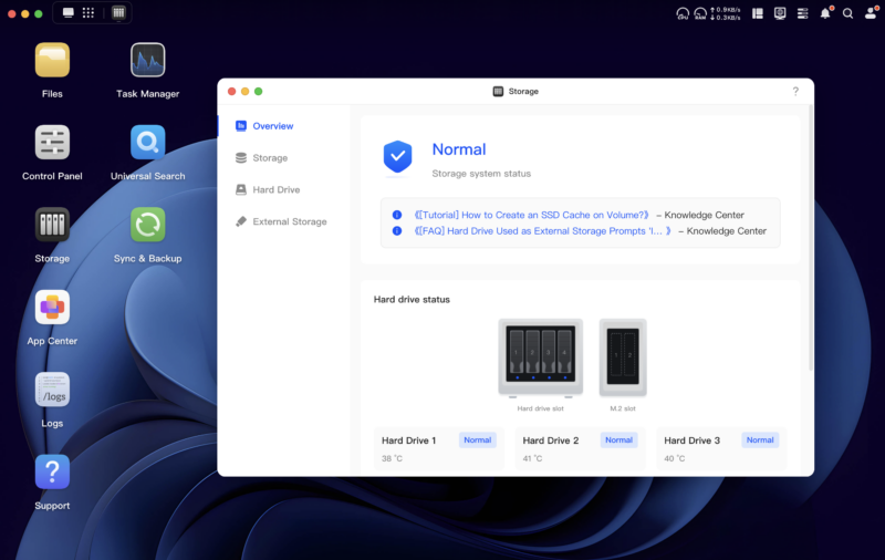 A computer desktop displays a storage management window showing system status as "Normal" and three hard drives with normal status and temperatures. The left sidebar includes app icons such as Files, Task Manager, and App Center.